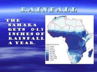 RainfallRainfall
thethe
saharasahara
gets 0-1.5gets 0-1.5
inches ofinches of
rainfallrainfall
a year.a year.
 