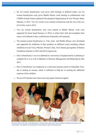  
	
   	
  
	
   9	
  |	
  P a g e 	
  
	
  
- Six (6) women beneficiaries were given skill trainings in different trades, two (2)
women beneficiaries were given Marble Mosaic work training in collaboration with
UNIDO (United Nation Industrial Development Organization) & First Women Bank,
Pakistan, in 2013. Two (2) women were trained in beautician and the rest of the two
(2) in Chic work in 2012.
- Two (2) women beneficiaries who were trained in Marble Mosaic work were
supported for home based business in 2014, to utilize their skill and strengthen their
source of livelihood so they could become financially self-sustained.
- The trained women beneficiaries in Chic work and Marble Mosaic were facilitated
and supported for exhibition of their products on different events including cultural
exhibition at Lock Virsa, Pakistan, Women’s Day, First Alumni get together of Hashoo
Foundation Scholars in 2012 and 2014 respectively.
- One (1) beneficiary’s son was admitted in a university in England and he is planning to
complete his CA as well as Diploma in Business Management and Marketing by Dec
2015.
- One (1) beneficiary was employed in a renowned national school in Islamabad. Now,
she is earning an income, which is sufficient to help her in meeting the additional
expenses of her children.
- 42 out of 65 families have been receiving regular financial support.
Executive	
  Director	
  HF	
  USA,	
  Cristal	
  Montanez	
  (in	
  the	
  back	
  from	
  right	
  corner)	
  with	
  a	
  Sahara	
  Fun	
  family	
  during	
  home	
  visit	
  
to	
  the	
  family.	
  The	
  children	
  are	
  showing	
  their	
  school	
  progress	
  report	
  with	
  great	
  pride.
 