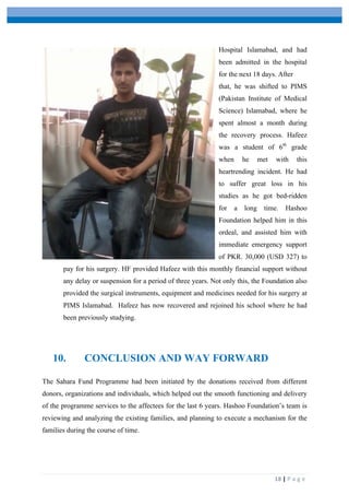  
	
   	
  
	
   18	
  |	
  P a g e 	
  
Hospital Islamabad, and had
been admitted in the hospital
for the next 18 days. After
that, he was shifted to PIMS
(Pakistan Institute of Medical
Science) Islamabad, where he
spent almost a month during
the recovery process. Hafeez
was a student of 6th
grade
when he met with this
heartrending incident. He had
to suffer great loss in his
studies as he got bed-ridden
for a long time. Hashoo
Foundation helped him in this
ordeal, and assisted him with
immediate emergency support
of PKR. 30,000 (USD 327) to
pay for his surgery. HF provided Hafeez with this monthly financial support without
any delay or suspension for a period of three years. Not only this, the Foundation also
provided the surgical instruments, equipment and medicines needed for his surgery at
PIMS Islamabad. Hafeez has now recovered and rejoined his school where he had
been previously studying.
10. CONCLUSION AND WAY FORWARD
The Sahara Fund Programme had been initiated by the donations received from different
donors, organizations and individuals, which helped out the smooth functioning and delivery
of the programme services to the affectees for the last 6 years. Hashoo Foundation’s team is
reviewing and analyzing the existing families, and planning to execute a mechanism for the
families during the course of time.
 