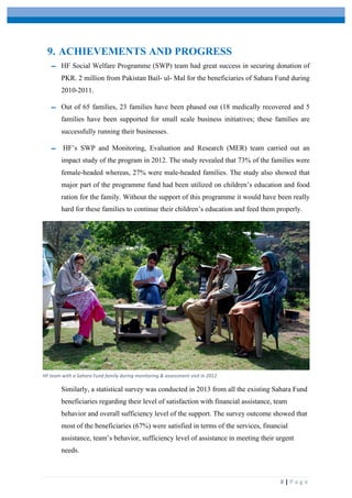  
	
   	
  
	
   8	
  |	
  P a g e 	
  
9. ACHIEVEMENTS AND PROGRESS
- HF Social Welfare Programme (SWP) team had great success in securing donation of
PKR. 2 million from Pakistan Bail- ul- Mal for the beneficiaries of Sahara Fund during
2010-2011.
- Out of 65 families, 23 families have been phased out (18 medically recovered and 5
families have been supported for small scale business initiatives; these families are
successfully running their businesses.
- HF’s SWP and Monitoring, Evaluation and Research (MER) team carried out an
impact study of the program in 2012. The study revealed that 73% of the families were
female-headed whereas, 27% were male-headed families. The study also showed that
major part of the programme fund had been utilized on children’s education and food
ration for the family. Without the support of this programme it would have been really
hard for these families to continue their children’s education and feed them properly.
HF	
  team	
  with	
  a	
  Sahara	
  Fund	
  family	
  during	
  monitoring	
  &	
  assessment	
  visit	
  in	
  2012
Similarly, a statistical survey was conducted in 2013 from all the existing Sahara Fund
beneficiaries regarding their level of satisfaction with financial assistance, team
behavior and overall sufficiency level of the support. The survey outcome showed that
most of the beneficiaries (67%) were satisfied in terms of the services, financial
assistance, team’s behavior, sufficiency level of assistance in meeting their urgent
needs.
 