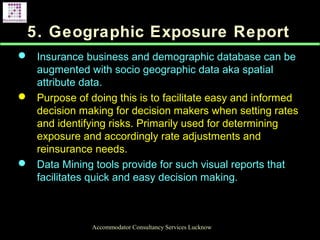 5. Geographic Exposure Report
 Insurance business and demographic database can be
augmented with socio geographic data aka spatial
attribute data.
 Purpose of doing this is to facilitate easy and informed
decision making for decision makers when setting rates
and identifying risks. Primarily used for determining
exposure and accordingly rate adjustments and
reinsurance needs.
 Data Mining tools provide for such visual reports that
facilitates quick and easy decision making.
Accommodator Consultancy Services Lucknow
 