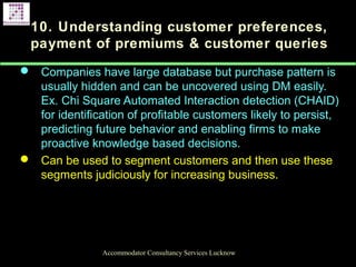 10. Understanding customer preferences,
payment of premiums & customer queries
 Companies have large database but purchase pattern is
usually hidden and can be uncovered using DM easily.
Ex. Chi Square Automated Interaction detection (CHAID)
for identification of profitable customers likely to persist,
predicting future behavior and enabling firms to make
proactive knowledge based decisions.
 Can be used to segment customers and then use these
segments judiciously for increasing business.
Accommodator Consultancy Services Lucknow
 