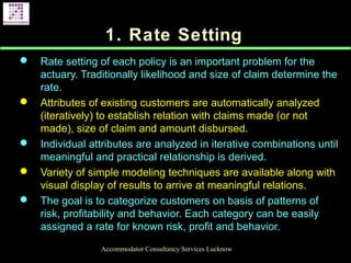 1. Rate Setting
 Rate setting of each policy is an important problem for the
actuary. Traditionally likelihood and size of claim determine the
rate.
 Attributes of existing customers are automatically analyzed
(iteratively) to establish relation with claims made (or not
made), size of claim and amount disbursed.
 Individual attributes are analyzed in iterative combinations until
meaningful and practical relationship is derived.
 Variety of simple modeling techniques are available along with
visual display of results to arrive at meaningful relations.
 The goal is to categorize customers on basis of patterns of
risk, profitability and behavior. Each category can be easily
assigned a rate for known risk, profit and behavior.
Accommodator Consultancy Services Lucknow
 