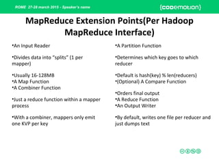 ROME 27-28 march 2015 - Speaker’s name
MapReduce Extension Points(Per Hadoop
MapReduce Interface)
•An Input Reader
•Divides data into “splits” (1 per
mapper)
•Usually 16-128MB
•A Map Function
•A Combiner Function
•Just a reduce function within a mapper
process
•With a combiner, mappers only emit
one KVP per key
•A Partition Function
•Determines which key goes to which
reducer
•Default is hash(key) % len(reducers)
•(Optional) A Compare Function
•Orders final output
•A Reduce Function
•An Output Writer
•By default, writes one file per reducer and
just dumps text
 