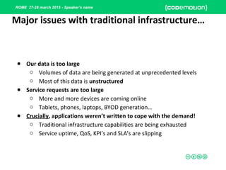 ROME 27-28 march 2015 - Speaker’s name
● Our data is too large
o Volumes of data are being generated at unprecedented levels
o Most of this data is unstructured
● Service requests are too large
o More and more devices are coming online
o Tablets, phones, laptops, BYOD generation…
● Crucially, applications weren’t written to cope with the demand!
o Traditional infrastructure capabilities are being exhausted
o Service uptime, QoS, KPI’s and SLA’s are slipping
Major issues with traditional infrastructure…
 