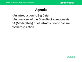ROME 27-28 march 2015 - Speaker’s name
•An introduction to Big Data
•An overview of the OpenStack components
•A (Moderately) Brief Introduction to Sahara
•Sahara in action
Agenda
 