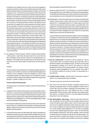 a) Nomination will be maintained at the folio or account level and will be applicable for                    shall not be accepted for investments of Rs.50,000/- or more.
     investments in all schemes in the folio or account.b) Where a folio has joint holders, all joint
                                                                                                             d)   If payment is made by RTGS, NEFT, ECS, bank transfer, etc., a copy of the instruction to
     holders should sign the request for Nomination/cancellation of nomination, even if the mode
                                                                                                                  the bank stating the account number debited must accompany the purchase application.
     of holding is not “joint”. c) Nomination form cannot be signed by Power of Attorney (PoA)
                                                                                                                  The AMC/R&TA shall check that the account number mentioned on the transfer Instruction
     holders.d) Every new nomination for a folio/account will overwrite the existing nomination.e)
                                                                                                                  copy is a registered pay-in account or belonging to the first named applicant/ unit holder.
     Nomination is be mandatory for new folios/accounts opened by individual especially with
     sole holding and no new folios/accounts for individuals in single holding shall be opened
                                                                                                             13a. Dematerialisation: Currently Units of Sahara Interval Fund are listed on the National Stock
     without nomination.f) Investors who do not wish to nominate must sign separately confirming
                                                                                                                  Exchange. Investors are given an option to hold Units by way of an Account Statement
     their non-intention to nominate.g) Nomination form/section in the application form will
                                                                                                                  (physical form) or in Dematerialized (demat) form. Unit holders opting to hold the Units
     have a provision for the signature of the nominee (or guardian of the nominee), though this
                                                                                                                  in demat form must provide their Demat account details in the specified section of the
     may not be mandatory. h) Nomination is not allowed in a folio held on behalf of a minor. i)
                                                                                                                  application form. Unit holders intending to hold the Units in Demat form are required to have
     Non-individuals including society, trust, body corporate, partnership firm, Karta of Hindu
                                                                                                                  a beneficiary account with the Depository Participant (DP) registered with NSDL/CDSL and
     Undivided Family, holder of Power of Attorney cannot nominate. j) A minor can be nominated
                                                                                                                  will be required to indicate in the application form, the DP’s name, DP ID number and the
     and in that event, the name and address of the guardian of the minor nominee shall be
                                                                                                                  beneficiary account number of the Unit holder with the DP.
     provided by the unit holder. k) The Nominee shall not be a trust, society, body corporate,
     partnership firm, Karta of Hindu Undivided Family or a Power of Attorney holder. A non-                      In case Unit holders do not provide their Demat account details or provide incomplete details
     resident Indian can be a Nominee subject to the exchange control regulations in force, from                  or the details do not match with the records as per Depository(ies), an account statement
     time to time. l)Nomination in respect of the units stand rescinded upon the transfer of units.               shall be sent to them. Such investors will not be able to trade on the stock exchange till the
     m) Transfer of Units in favour of Nominee shall be valid discharge by the Asset Management                   holdings are converted in to Demat form. Unit holder who so desires to hold the Units in a
     Company against the legal heir. n) The cancellation of nomination can be made only by                        demat form at a later date, will be required to have a beneficiary account with a DP of NSDL/
     those individuals who have held units on their own behalf singly or jointly and who made the                 CDSL and will have to submit the account statement alongwith a request form asking for
     original nomination. On cancellation of the nomination, the nomination shall stand rescinded                 the conversion into demat form. This request is called a Demat Request Form (DRF). Unit
     and the Asset Management Company shall not be under any obligation to transfer the units                     holder will be required to fill in a DRF in triplicate alongwith the relevant details and submit
     in favour of the Nominee.                                                                                    the same to the Registrar alongwith the account statement to be dematerialized. The
                                                                                                                  combination of names in the account statement must be same as that in the demat account.
13. Non Acceptance of Third Party Instrument : Definition of third-party instrument payment:
                                                                                                                  Rematerialization of Units will be in accordance with the provisions of SEBI (Depositories &
    a) When payment is made through instruments issued from an account other than
                                                                                                                  Participants) Regulations, 1996 as may be amended from time.
    that of the beneficiary investor, the same is referred to as Third-Party payment; b) It is
    clarified that in case of payments from a joint bank account, the first holder of the mutual             14. Know your Customer (KyC): The Prevention of Money Laundering Act, 1992 and
    fund folio has to be one of the joint holders of the bank account from which payment is                      circulars issued by SEBI on Anti Money Laundering Laws require Mutual Funds to
    made.                                                                                                        formulate and implement a client identification program. The Mutual Fund has entrusted
                                                                                                                 the responsibility of verification of KYC norms to CDSL Ventures Ltd. CDSL has
     Exceptions:
                                                                                                                 appointed Points of Service (POS) to facilitate completion of KYC process for investors.
                                                                                                                 An application without acknowledgement of KYC will be rejected. Further details of
     Third-Party payments shall be rejected except in the following exceptional situations but
                                                                                                                 KYC may kindly be obtained from the office of the AMC or at www.amfiindia.com or
     adherence to certain formalities: a) Payment by Parents/Grand-Parents/related persons
                                                                                                                 www.cvlindia.com.
     on behalf of a minor in consideration of natural love and affection or as gift for a value
     not exceeding Rs.50,000/- (each regular purchase or per SIP installment); b) Payment
                                                                                                             15. “On Behalf of Minor” Accounts : Where the account / folio (account) is opened on
     by Employer on behalf of employee under Systematic Investment Plans through Payroll
                                                                                                                  behalf of a minor, following guidelines would be applicable
     deductions; c) Custodian on behalf of an FII or a client.
                                                                                                             a)   There shall not be any joint accounts with minor as the first holder.
     Process to identify Third-Party payments:
                                                                                                             b)   Date of birth of the minor along with photocopy of supporting documents shall be
     The following process is recommended for investors to comply with the requirements as
                                                                                                                  mandatory while opening the account / at the time of application on behalf of minor as
     stated below :
                                                                                                                  a proof of date of birth and as evidence of relationship of the natural guardian / court
                                                                                                                  appointed legal guardian to the minor: i) Birth certificate of the minor, or ii) School
a)   An applicant/ investor at the time of his/her purchase must provide the details of his pay-in
                                                                                                                  leaving certificate / Mark sheet issued by Higher Secondary Board of respective states,
     bank account (i.e. account from which a subscription payment is made) and his pay-out bank
                                                                                                                  ICSE, CBSE etc., or iii) Passport of the minor, or iv) Any other suitable proof evidencing
     account (i.e. account into which redemption / dividend proceeds are to be paid). In case an
                                                                                                                  the date of birth of the minor/ relationship.
     applicant/investor has multiple accounts, it is desired that he submits the bank details in the
     “Multiple bank Accounts Registration Form”. Pay-in from such registered single or multiple
                                                                                                             16. Minor Attaining Majority - Status Change : a) When the units are held on behalf of the
     accounts can be treated as 1st party payments.
                                                                                                                 minor, the ownership of the units rests with the minor. A guardian operates the account
                                                                                                                 until the minor attains the age of majority. b) When a minor turns major, advance notice
b) If the subscription is settled with pre-funded instruments such as Pay Order, Demand Draft,
                                                                                                                 will be sent to the registered correspondence address advising the guardian and the
   Banker’s cheque, etc., a Certificate from the Issuing banker must accompany the purchase
                                                                                                                 minor to submit an application form along with prescribed documents (service request
   application, stating the Account holder’s name and the Account number which has been
                                                                                                                 form, new bank mandate, signature attestation form, KYC oof major etc.) as applicable
   debited for issue of the instrument.
                                                                                                                 from time to time to change the status of the account to “major”. The notice would state
c) A pre-funded instrument issued by the Bank against Cash, should be accompanied by a                           that all transactions including SIP,STP, SWP shall be suspended in case the documents
   certificate from the banker giving name, address and PAN (if available) of the person who                     to change the status are not received by the date when the minor attains majority. c) The
   has requested for the demand draft. The name as per the letter should match with the first                    account shall be frozen for operation by the guardian on the day the minor attains the
   named applicant/unit holder. Such DD/Bankers Cheque issued by the bank against cash                           age of majority and no transactions shall be permitted till the documents as applicable

                                                                                                        11
 