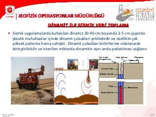 24/10
JEOFİZİK OPERASYONLAR MÜDÜRLÜGÜJEOFİZİK OPERASYONLAR MÜDÜRLÜGÜ
TPAO ARAMA
DİNAMİT İLE SİSMİK VERİ TOPLAMADİNAMİT İLE SİSMİK VERİ TOPLAMA
• Sismik uygulamalarda kullanılan dinamit 30-40 cm boyunda 3-5 cm çapında
plastik muhafazalar içinde dinamit çubukları şeklindedir ve özellikle çok
yüksek patlama hızına sahiptir. Dinamit çubukları birbirlerine vidalanarak
birleştirilebilir ve istenilen miktarda dinamitin aynı anda patlatılması sağlanır.
 