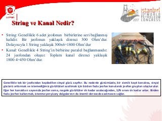 String ve Kanal Nedir?String ve Kanal Nedir?
• String: Genellikle 6 adet jeofonun birbirlerine seri bağlanmış
halidir. Bir jeofonun yaklaşık direnci 300 Ohm’dur.
Dolayısıyla 1 String yaklaşık 300x6=1800 Ohm’dur
• Kanal: Genellikle 4 String’in birbirine paralel bağlanmasıdır.
24 jeofondan oluşur. Toplam kanal direnci yaklaşık
1800:4=450 Ohm’dur.
Genellikle tek bir jeofondan kaydedilen sinyal gücü zayıftır. Bu nedenle günümüzde, bir sismik kayıt kanalına, sinyal
gücünü arttırmak ve istemediğimiz gürültüleri azaltmak için birden fazla jeofon konularak jeofon grupları oluşturulur.
Eğer her kanalda n sayısında jeofon varsa, rasgele gürültüler √n kadar azalacağından, S/N oranı √n kadar artar. Birden
fazla jeofon kullanmak, istenmeyen yüzey dalgalarının da önemli derecede azalmasını sağlar.
 