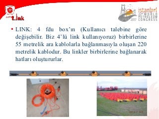 LinkLink
• LINK: 4 fdu box’ın (Kullanıcı talebine göre
değişebilir. Biz 4’lü link kullanıyoruz) birbirlerine
55 metrelik ara kablolarla bağlanmasıyla oluşan 220
metrelik kablodur. Bu linkler birbirlerine bağlanarak
hatları oluştururlar.
 