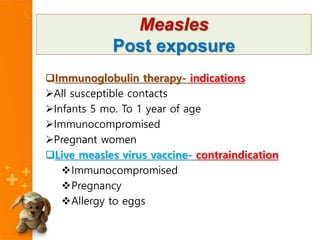 Immunoglobulin therapy- indications
All susceptible contacts
Infants 5 mo. To 1 year of age
Immunocompromised
Pregnant women
Live measles virus vaccine- contraindication
Immunocompromised
Pregnancy
Allergy to eggs
Measles
Post exposure
 