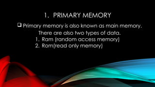 memory and its types primary memory secondar y memory RAM and ROM HARD ...