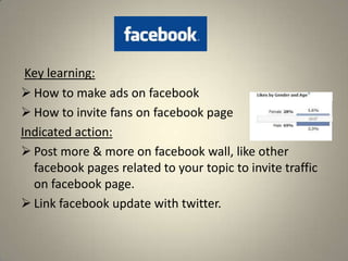 Key learning:
 How to make ads on facebook
 How to invite fans on facebook page
Indicated action:
 Post more & more on facebook wall, like other
  facebook pages related to your topic to invite traffic
  on facebook page.
 Link facebook update with twitter.
 