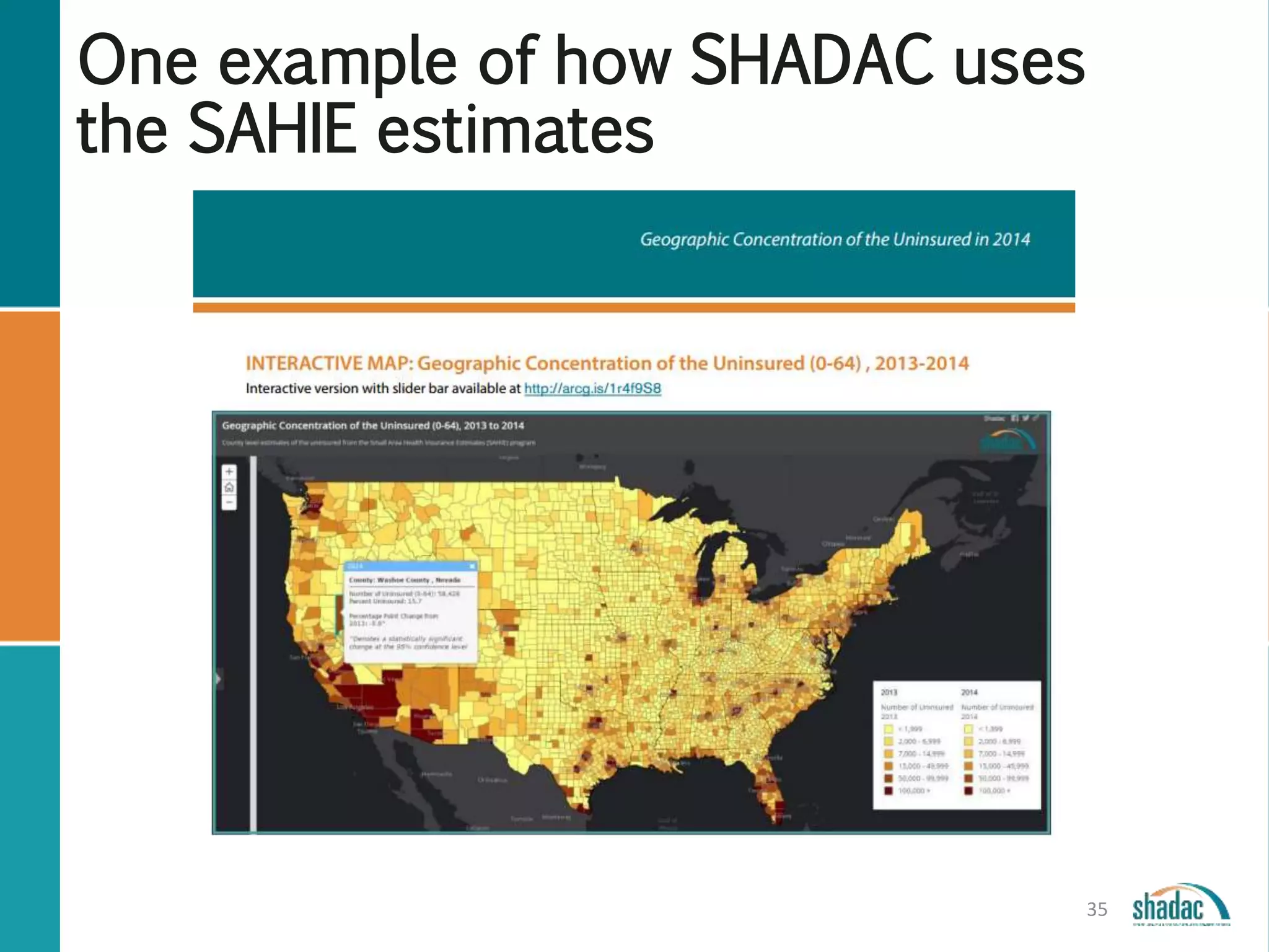 SAHIE Website: http://www.census.gov/did/www/sahie/index.html
Data for download:
Data interactive tool (table , maps , and trend tools)
http://www.census.gov/did/www/sahie/data/interactive/sahie.html
CSV and text files
http://www.census.gov/did/www/sahie/data/20082014/index.html
Census Bureau’s API
http://www.census.gov/data/developers/data-sets/Health-Insurance-Statistics.html
Reports and Graphics:
Press Release
http://www.census.gov/newsroom/press-releases/2016/cb16-86.html
2014 SAHIE Release Highlights
http://www.census.gov/did/www/sahie/data/2014/2014highlights.pdf
2014 SAHIE Maps
http://www.census.gov/did/www/sahie/data/highlights/2014highlights.html
Heat Map
http://www.census.gov/did/www/sahie/data/visualization/healthins/index.html?reload
Conference papers:
Medicaid and CHIP Data Methodology for SAHIE Models - David Powers, Lauren Bowers, Wesley Basel, and Samuel Szelepka
http://www.census.gov/content/dam/Census/library/working-papers/2016/demo/powers-bowers-basel-szelepka-fcsm.pdf
Evaluating 2012-2014 Trends in Health Insurance Coverage for All U.S. Counties - Lauren Bowers, Wes Basel, and David Powers
http://www.census.gov/content/dam/Census/library/working-papers/2016/demo/SEHSD-WP2016-16.pdf
Blogs:
More Timely Medicaid Data Helps Improve Small Area Health Insurance Estimates
http://researchmatters.blogs.census.gov/2016/05/12/more-timely-medicaid-data-helps-improve-small-area-health-insurance-estimates/
Evaluating 2013-2014 Trends in County-Level Health Insurance Coverage for Low-Income Working-Age Adults
http://researchmatters.blogs.census.gov/2016/04/02/evaluating-2013-2014-tr, ends-in-county-level-health-insurance-coverage-for-low-income-
working-age-adults/
Reference Page
35
 