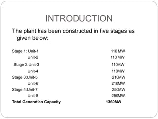 INTRODUCTION
The plant has been constructed in five stages as
given below:
Stage 1: Unit-1 110 MW
Unit-2 110 MW
Stage 2:Unit-3 110MW
Unit-4 110MW
Stage 3:Unit-5 210MW
Unit-6 210MW
Stage 4:Unit-7 250MW
Unit-8 250MW
Total Generation Capacity 1360MW
 