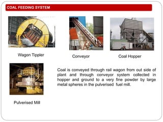 COAL FEEDING SYSTEM
Coal is conveyed through rail wagon from out side of
plant and through conveyor system collected in
hopper and ground to a very fine powder by large
metal spheres in the pulverised fuel mill.
Conveyor Coal Hopper
Pulverised Mill
Wagon Tippler
 
