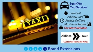 1 Brand Extensions432 5
Taxi Services
Low Cost
All New Cars
Always OnTime
Maximum Routes
The Most Reliable
TaxisAirlines
Customer Remains King
 