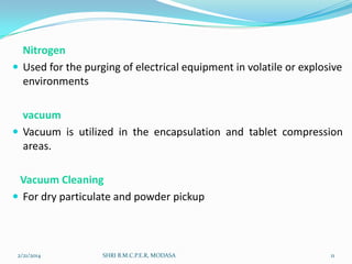 Nitrogen
 Used for the purging of electrical equipment in volatile or explosive
environments
vacuum
 Vacuum is utilized in the encapsulation and tablet compression
areas.
Vacuum Cleaning
 For dry particulate and powder pickup

2/21/2014

SHRI B.M.C.P.E.R, MODASA

11

 