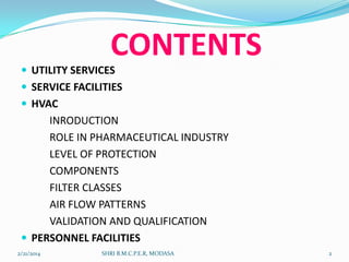 CONTENTS
 UTILITY SERVICES
 SERVICE FACILITIES
 HVAC

INRODUCTION
ROLE IN PHARMACEUTICAL INDUSTRY
LEVEL OF PROTECTION
COMPONENTS
FILTER CLASSES
AIR FLOW PATTERNS
VALIDATION AND QUALIFICATION
 PERSONNEL FACILITIES
2/21/2014

SHRI B.M.C.P.E.R, MODASA

2

 