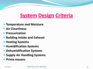 System Design Criteria










Temperature and Moisture
Air Cleanliness
Pressurization
Building Intake and Exhaust
Heating Systems
Humidification Systems
Dehumidification Systems
Supply Air Handling Systems
Prime movers

2/21/2014

SHRI B.M.C.P.E.R, MODASA

29

 