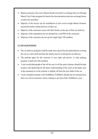 132
 Repeat customers who own a Maruti Suzuki car prefer to exchange their car through
Maruti True Value program foe hassle free documentation and earn exchange bonus
on their new purchase.
 Majority of the buyers opt for installation of seat covers trough Maruti Genuine
accessories before taking delivery of their car.
 Majority of the customers come with their family on the day of their car delivery.
 Majority of the respondents do not demand for a self PDI in the stockyard.
 Majority of the customers do not opt for single digit VIP numbers.
5.3 SUGGESTIONS
 The car delivery program could be made more special by the dealership by covering
the car in a satin cloth and then the family uncover it during the car delivery.
 The parking space for the customer is very tight and narrow. A valet parking
program would solve this problem.
 A real world photograph of the all the cars in all the paint schemes should be kept
in place with dealership for the better understanding of the color as the shade seen
in the animated car in the website is slightly off from the rear shade of the car.
 5 year extended warranty with 50,000kms,75,000kms should also be introduced as
there are a lot of customers whose running is not more than 10,000kms a year.
 