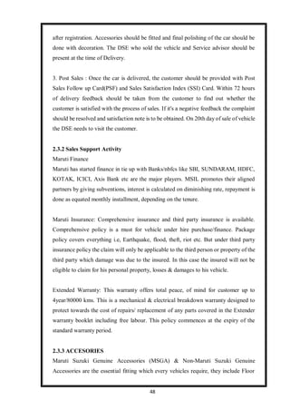 48
after registration. Accessories should be fitted and final polishing of the car should be
done with decoration. The DSE who sold the vehicle and Service advisor should be
present at the time of Delivery.
3. Post Sales : Once the car is delivered, the customer should be provided with Post
Sales Follow up Card(PSF) and Sales Satisfaction Index (SSI) Card. Within 72 hours
of delivery feedback should be taken from the customer to find out whether the
customer is satisfied with the process of sales. If it's a negative feedback the complaint
should be resolved and satisfaction note is to be obtained. On 20th day of sale of vehicle
the DSE needs to visit the customer.
2.3.2 Sales Support Activity
Maruti Finance
Maruti has started finance in tie up with Banks/nbfcs like SBI, SUNDARAM, HDFC,
KOTAK, ICICI, Axis Bank etc are the major players. MSIL promotes their aligned
partners by giving subventions, interest is calculated on diminishing rate, repayment is
done as equated monthly installment, depending on the tenure.
Maruti Insurance: Comprehensive insurance and third party insurance is available.
Comprehensive policy is a must for vehicle under hire purchase/finance. Package
policy covers everything i.e, Earthquake, flood, theft, riot etc. But under third party
insurance policy the claim will only be applicable to the third person or property of the
third party which damage was due to the insured. In this case the insured will not be
eligible to claim for his personal property, losses & damages to his vehicle.
Extended Warranty: This warranty offers total peace, of mind for customer up to
4year/80000 kms. This is a mechanical & electrical breakdown warranty designed to
protect towards the cost of repairs/ replacement of any parts covered in the Extender
warranty booklet including free labour. This policy commences at the expiry of the
standard warranty period.
2.3.3 ACCESORIES
Maruti Suzuki Genuine Accessories (MSGA) & Non-Maruti Suzuki Genuine
Accessories are the essential fitting which every vehicles require, they include Floor
 