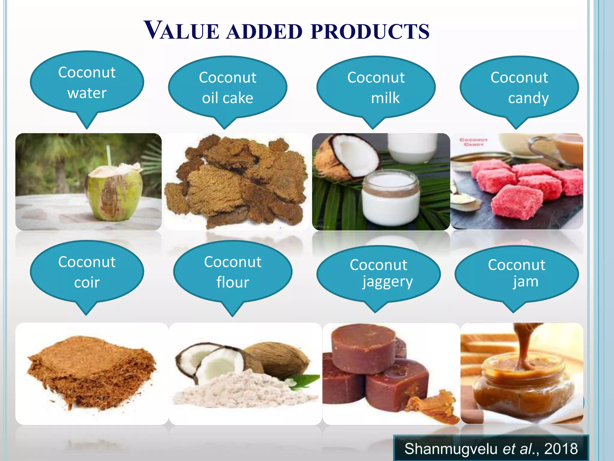 VALUE ADDED PRODUCTS
Coconut
water
Coconut
oil cake
Coconut
coir
Coconut
flour
Shanmugvelu et al., 2018
Coconut
milk
Coconut
jaggery
Coconut
candy
Coconut
jam
 