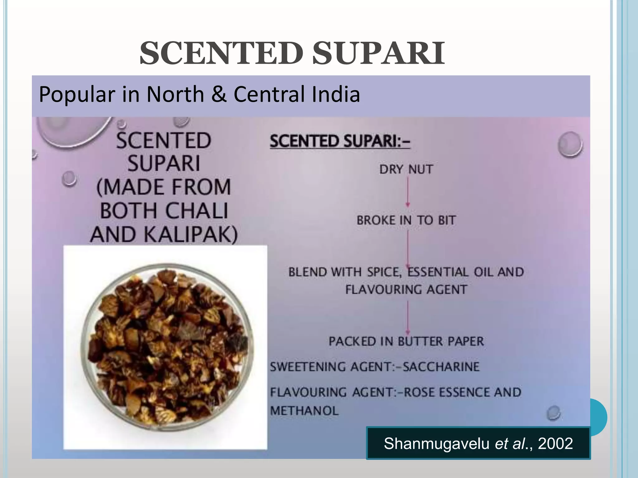 SCENTED SUPARI
Popular in North & Central India
Shanmugavelu et al., 2002
 