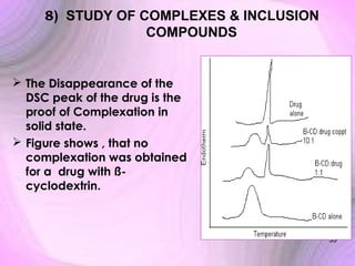 8) STUDY OF COMPLEXES & INCLUSION
COMPOUNDS

 The Disappearance of the
DSC peak of the drug is the
proof of Complexation in
solid state.
 Figure shows , that no
complexation was obtained
for a drug with ßcyclodextrin.

35

 