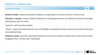 CAPÍTULO 12 – A EUROPA FEUDAL
Senhorio / feudo: unidade de produção; dividido em campos abertos, reservas senhoriais e mansos servis.
Suseranos e vassalos: senhores feudais (detentores de feudos) governavam seus domínios exercendo autoridade
administrativa, judicial e militar;
suserano – nobre que doava feudos;
vassalo – nobre que recebia feudo em troca de fidelidade e prestação de serviços; havia uma cerimônia solene para
transmissão do feudo.
Senhores e servos: servo não é proprietário das terras, usa terra para produzir sustento para si e para outras ordens;
obrigações servis – corveia, talha e banalidade.
ECONOMIA FEUDAL
HISTÓRIA GLOBAL | Volume 1 | 3º Bimestre
 