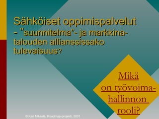 © Kari Mikkelä, Roadmap-projekti, 2001
Sähköiset oppimispalvelutSähköiset oppimispalvelut
-- ””suunnitelmasuunnitelma””- ja markkina-- ja markkina-
talouden allianssissakotalouden allianssissako
tulevaisuustulevaisuus??
Mikä
on työvoima-
hallinnon
rooli?
 