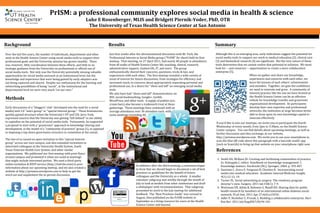 Methods Over the last five years, the number of individuals, departments and other units at the Health Science Center using social media tools to support their professional goals and the University mission has grown steadily.  There was, however, little coordination between these efforts, and little to no strategic guidance from the University on professional or official use of social media tools.  Not only was the University potentially missing valuable opportunities for social media outreach at an institutional level, but the knowledge and experience that were being gained by early adopters was not being captured and shared.  Despite our enthusiasm for the learning and networking possibilities of being &quot;social&quot;, at the institutional and departmental level we were very much &quot;on our own.&quot;  Background PrISM: a professional community explores social media in health & science Luke E Rosenberger, MLIS and Bridgett Piernik-Yoder, PhD, OTR The University of Texas Health Science Center at San Antonio  Results Just four weeks after the aforementioned discussion with Mr York, the Professional Interest in Social Media group (&quot;PrISM&quot; for short) held its first meetup.  That meeting, on 27 April 2011, had nearly 40 people in attendance, from all walks of Health Science Center life: teaching, clinical, research, administrative support, student life, IT, and more.  The group enthusiastically shared their concerns, questions, tricks & tips, and experiences with each other.  The first meetup revealed a wide variety of areas of interest for future discussions, from strategies for efficiency and increased reach, to concerns about appropriately separating personal and professional use, to a desire for &quot;show and tell&quot; on emerging social media tools. References Although this is an emerging area, early indications suggest the potential for social media tools to support our work in medical education [2], clinical care [3] and biomedical research [4] are significant.  But the very nature of these tools determines that we cannot realize that potential in isolation.  We must look for -- and construct -- opportunities to create a more collaborative enterprise [5].  Summary ,[object Object],[object Object],[object Object],[object Object],[object Object],In addition, after the third meeting, a consensus began to form that we should begin to document a set of best practices or guidelines for the benefit of future colleagues and the University as a whole.  A smaller volunteer subgroup met weekly through the month of July to look at models from other institutions and draft a whitepaper with recommendations.  That subgroup presented its work to the July meetup for additional feedback.  The “Best Practices Guide” was revised in August, then published on the PrISM website in September as a living resource for users at the Health Science Center and beyond.  If you'd like to join our meetups, we invite you to participate the fourth Wednesday of every month, from 2pm to 3:30pm, on the Health Science Center campus.  You can find details about upcoming meetings, as well as further discussion and idea exchange, at our website, http://prismsa.wordpress.com.  We invite you to use your smartphone to scan the blue QR code above this paragraph with a barcode reader app (such as ScanLife) to bring up that website on your smartphone right now. The two of us issued an open invitation to this &quot;special interest group&quot; across our own campus, and also extended invitations to interested colleagues at the University Health System, South Texas Veterans Health Care System, and other similar organizations.  We publicized our first meetup with print flyers around campus and promoted it when we could at meetings that might include interested parties.  We used a third-party online invitation & RSVP service (http://twtvite.com) to post information about our upcoming meetup, and we also created a website at http://prismsa.wordpress.com to help us get the word out and supplement the in-person discussion. We also have had &quot;show-and-tell&quot; demonstrations on RSS, social bookmarking, Google+, tumblr, WordPress and other tools.  A supply of  paletas  (ice-cream bars) also became a trademark treat at these gatherings.  These meetings have continued with an average attendance over 30 attendees each, with some meetings exceeding 40. When we gather and share our knowledge, experiences and concerns with each other, we learn the lessons of each others' achievements and mistakes.  Together, we gain the confidence we need to innovate and grow.  A community of interest/practice like the one we have formed at the Health Science Center can be an effective vehicle for knowledge transfer and grassroots organizational development.  As participants develop their own expertise and professional networks, the institution at large becomes better able to draw upon its own knowledge capital to innovate effectively.  Early discussions of a &quot;bloggers' club&quot; developed into the seed for a social media/web 2.0 &quot;users group&quot; or &quot;special interest group.&quot;  These brainstorms quickly gained structure when the University's VP and CIO, Jerry York, expressed concern that the University was getting &quot;left behind&quot; in our ability to capitalize on the potential of social media tools.  Fortunately, he supported a proposal to start with a &quot;grassroots&quot; approach to knowledge-sharing and development, in the model of a &quot;community of practice&quot; group [1], as opposed to imposing a top-down governance structure or committee at the outset. This work is licensed under a  Creative Commons Attribution 3.0 Unported License . 