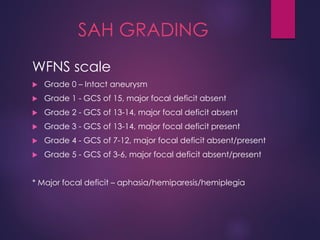 SAH GRADING
WFNS scale
 Grade 0 – Intact aneurysm
 Grade 1 - GCS of 15, major focal deficit absent
 Grade 2 - GCS of 13-14, major focal deficit absent
 Grade 3 - GCS of 13-14, major focal deficit present
 Grade 4 - GCS of 7-12, major focal deficit absent/present
 Grade 5 - GCS of 3-6, major focal deficit absent/present
* Major focal deficit – aphasia/hemiparesis/hemiplegia
 