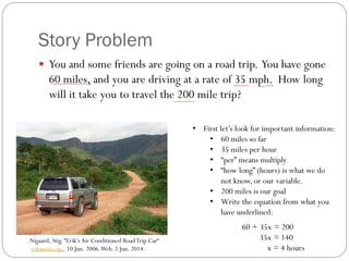 Story Problem
 You and some friends are going on a road trip. You have gone
60 miles, and you are driving at a rate of 35 mph. How long
will it take you to travel the 200 mile trip?
Nigaard, Stig. “Erik’s Air Conditioned RoadTrip Car“
wikimedia.org., 10 Jun. 2006.Web. 2 Jun. 2014.
• First let’s look for important information:
• 60 miles so far
• 35 miles per hour
• “per” means multiply
• “how long” (hours) is what we do
not know, or our variable.
• 200 miles is our goal
• Write the equation from what you
have underlined:
60 + 35x = 200
35x = 140
x = 4 hours
 