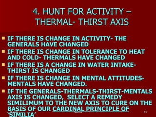 4. HUNT FOR ACTIVITY – THERMAL- THIRST AXIS IF THERE IS CHANGE IN ACTIVITY- THE GENERALS HAVE CHANGED IF THERE IS CHANGE IN TOLERANCE TO HEAT AND COLD- THERMALS HAVE CHANGED IF THERE IS A CHANGE IN WATER INTAKE- THIRST IS CHANGED IF THERE IS CHANGE IN MENTAL ATTITUDES- MENTALS HAVE CHANGED.  IF THE GENERALS-THERMALS-THIRST-MENTALS AXIS IS CHANGED,  SELECT A REMEDY SIMILIMUM TO THE NEW AXIS TO CURE ON THE BASIS OF OUR  CARDINAL PRINCIPLE OF ‘SIMILIA’ 