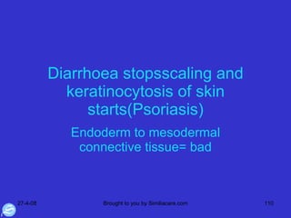 Diarrhoea stopsscaling and keratinocytosis of skin starts(Psoriasis) Endoderm to mesodermal connective tissue= bad 