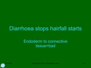 Diarrhoea stops hairfall starts Endoderm to connective tissue=bad 