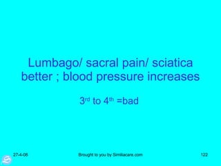 Lumbago/ sacral pain/ sciatica better ; blood pressure increases 3 rd  to 4 th  =bad  