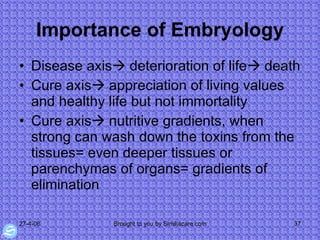 Importance of Embryology Disease axis   deterioration of life   death Cure axis   appreciation of living values and healthy life but not immortality Cure axis   nutritive gradients, when strong can wash down the toxins from the tissues= even deeper tissues or parenchymas of organs= gradients of elimination 