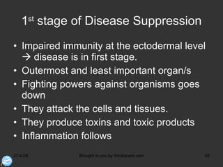 1 st  stage of Disease Suppression Impaired immunity at the ectodermal level   disease is in first stage. Outermost and least important organ/s Fighting powers against organisms goes down They attack the cells and tissues. They produce toxins and toxic products Inflammation follows 