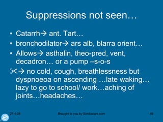 Suppressions not seen… Catarrh   ant. Tart…  bronchodilator   ars alb, blarra orient… Allows   asthalin, theo-pred, vent, decadron… or a pump –s-o-s    no cold, cough, breathlessness but dyspnoeoa on ascending …late waking…lazy to go to school/ work…aching of joints…headaches… 