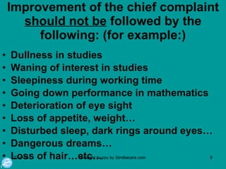 Improvement of the chief complaint  should not be  followed by the following: (for example:) Dullness in studies Waning of interest in studies Sleepiness during working time Going down performance in mathematics Deterioration of eye sight Loss of appetite, weight… Disturbed sleep, dark rings around eyes…  Dangerous dreams… Loss of hair…etc… 