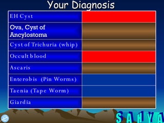 Your Diagnosis   Giardia  Taenia (Tape Worm) Enterobis  (Pin Worms) Ascaris  Occult blood  Cyst of Trichuria (whip) Ova, Cyst of Ancylostoma  EH Cyst 