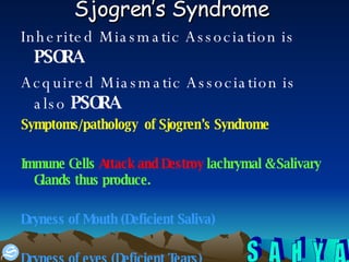 Sjogren’s Syndrome   Inherited Miasmatic Association is  PSORA Acquired Miasmatic Association is also  PSORA Symptoms/pathology  of Sjogren’s Syndrome Immune Cells  Attack and Destroy  lachrymal & Salivary Glands thus produce. Dryness of Mouth (Deficient Saliva) Dryness of eyes (Deficient Tears)  