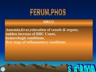 S A H Y A FERUM.PHOS Anaemia,fever,relaxation of vessels & organs,  sudden increase of RBC Count, hemorrhagic conditions, first stage of inflammatory conditions DRUG 