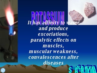 S A H Y A POTASSIUM It has affinity to water and produce excoriations, paralytic effects on   muscles, muscular weakness,  convalescences after diseases 