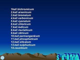 S A H Y A 1kali bichromicum 2.kali arsenicum 3.kali bromatum 4.kali carbonicum 5.kali cyanatum 6.kali chloricum 7.kali iodicum 8.kali muriaticum 9.kali nitricum 10.kali permanganicum 11.kali phosphoricum 12.kali silicatum 13.kali sulphuricum 14.causticum 