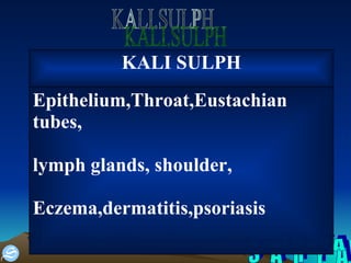 S A H Y A KALI.SULPH Epithelium,Throat,Eustachian tubes, lymph glands, shoulder, Eczema,dermatitis,psoriasis KALI SULPH 