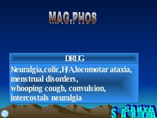 S A H Y A MAG.PHOS Neuralgia,colic,H/A,locomotar ataxia, menstrual disorders, whooping cough, convulsion, intercostals neuralgia DRUG 