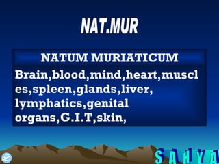 NAT.MUR Brain,blood,mind,heart,muscles,spleen,glands,liver, lymphatics,genital organs,G.I.T,skin, NATUM MURIATICUM 